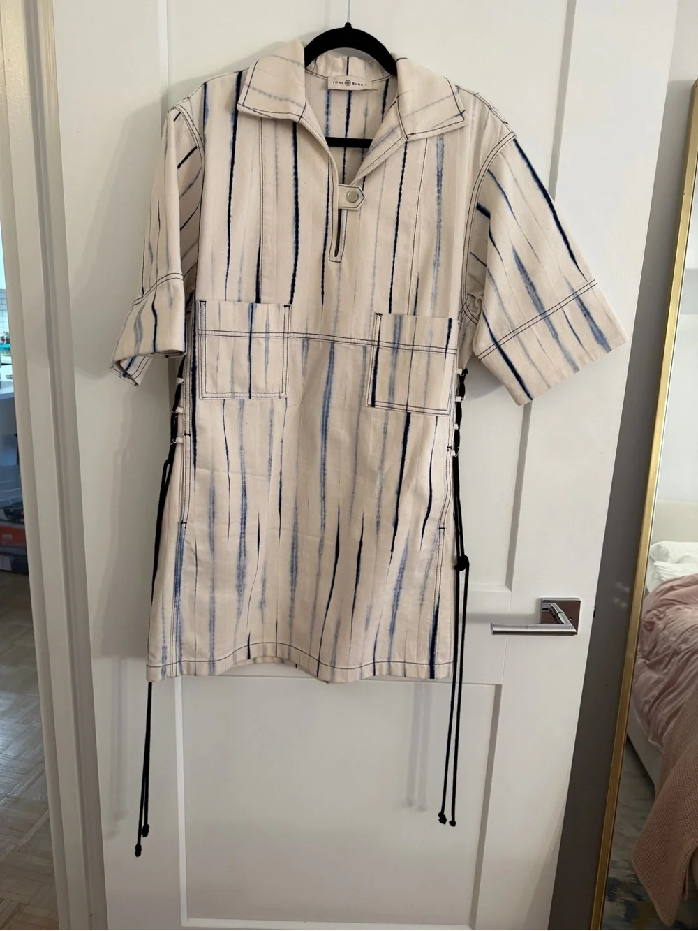 Tory Burch Blue and White Tie-Dye Denim Mini Shirt Dress Size 6